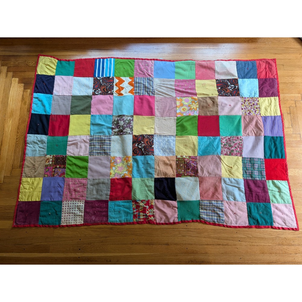 Vintage Handmade Patchwork Quilt Multi Color Block Repurpose Cutter 84x58 Cotton